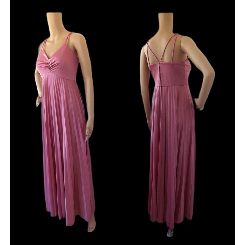 70s Pink Maxi Dress Pleated Sleeveless Vintage Long Bridesmaid Formal XS